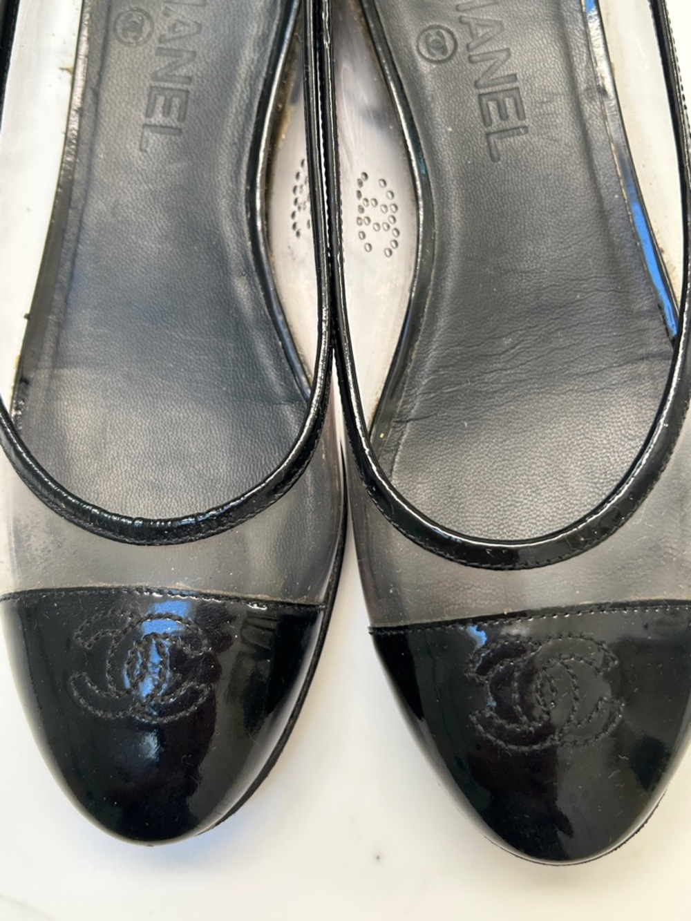 CHANEL Black Patent Cap-Toe Clear PVC Ballet Flats - Picture 11 of 13